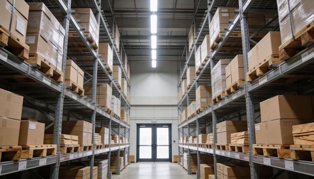 Leading warehouse aisle showing pallet racks stacked with cardboard boxes toward exit doors
