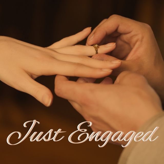 Perfect for wedding announcements, romantic advertisements, blogs about engagement stories, and social media posts celebrating love and commitment. Highlights the special moment of placing an engagement ring on a partner's finger.