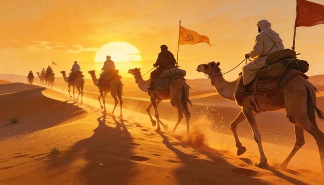 Desert caravan crossing golden dunes at sunset with camels, flags and robed riders