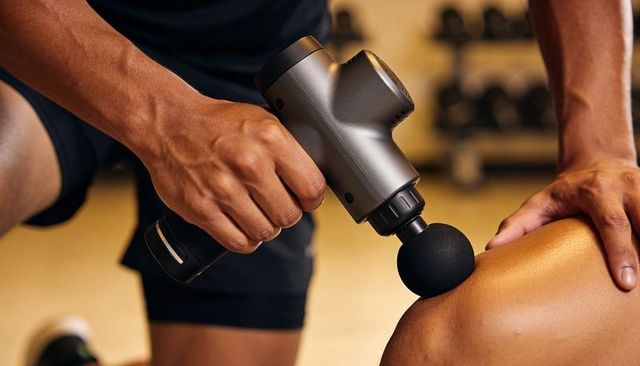 Trainer using massage gun on athlete knee for deep tissue recovery mobility and sports therapy