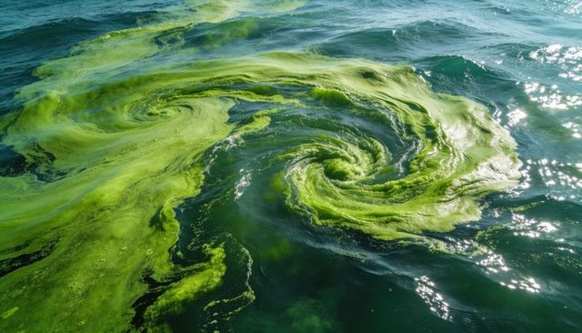 Swirling emerald algal bloom forming spiral vortices on coastal water surface with sun glints