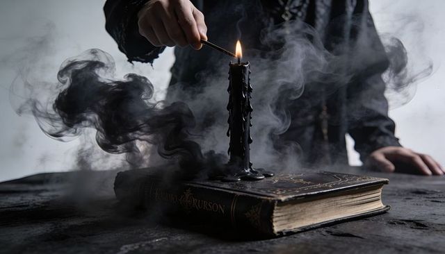 Robe-clad figure lighting black candle on ornate grimoire with rising smoke and dripping wax
