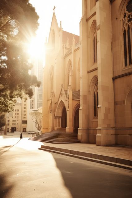 This image showcases the sunlit facade of a historic cathedral on a quiet urban street. The Gothic architectural details are highlighted by the morning light, creating a peaceful and serene atmosphere. Ideal for use in projects related to spirituality, architecture, urban design, or historical buildings.