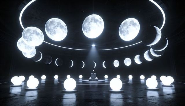 Futuristic Lunar Chamber with Meditating Yogi, Floating Moon Orbs, Glowing Rings, Minimal Design