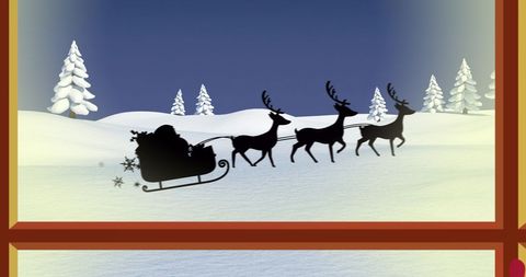 Santa Sleigh and Reindeer Silhouette on Snowy Night