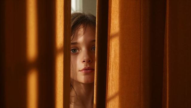 Teen Girl Peeking Through Golden Velvet Curtains at Sunlit Window, Moody Portrait