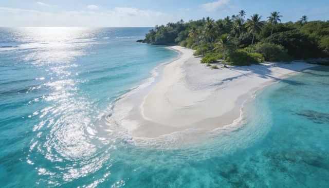 Curved white sand spit jutting into turquoise lagoon, palm-fringed tropical island aerial