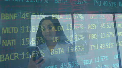 Double Exposure of a Businesswoman with Stock Market Data Projections