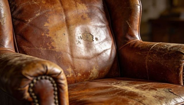 Worn brown leather club armchair featuring distressed patina, nailhead trim, rolled armrest