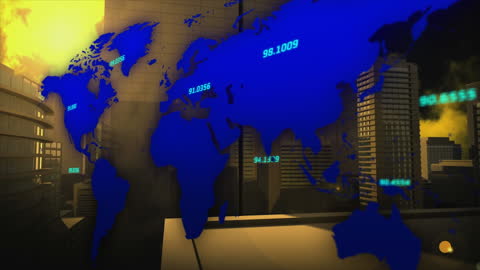 Global Financial Data Flow Animation Over Cityscape Background