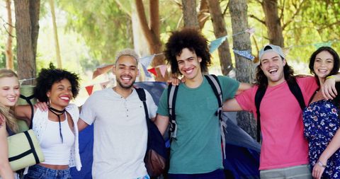 Diverse Group of Friends Embracing Outdoors at Campsite - Download Free Stock Images Pikwizard.com