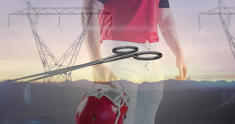 Football Player with Scissors and Power Lines Overlay