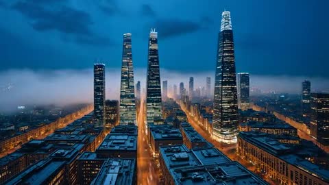 Night Aerial View of Illuminated Skyscrapers Amidst Low Clouds