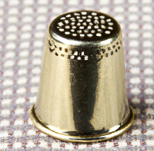 Image of close up of silver thimble on patterned fabric background. Clothing, sewing and tailoring concept.