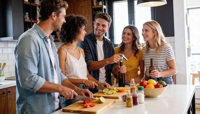 Friends chopping fresh produce and opening wine at bright modern kitchen island together