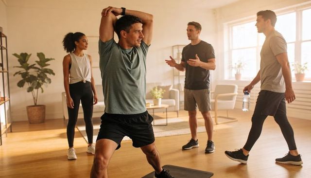 Sunlit home studio group stretching session with instructor, step platform and smartwatch
