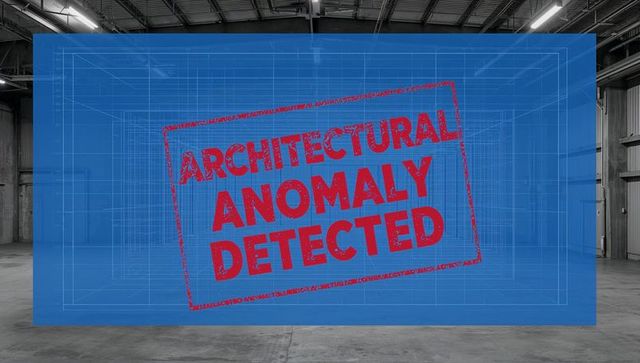 Architectural anomaly detected stamp on blueprint overlay in industrial warehouse