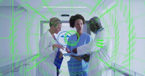 Medical team reviewing charts and collaborating in hospital corridor with digital interface overlay