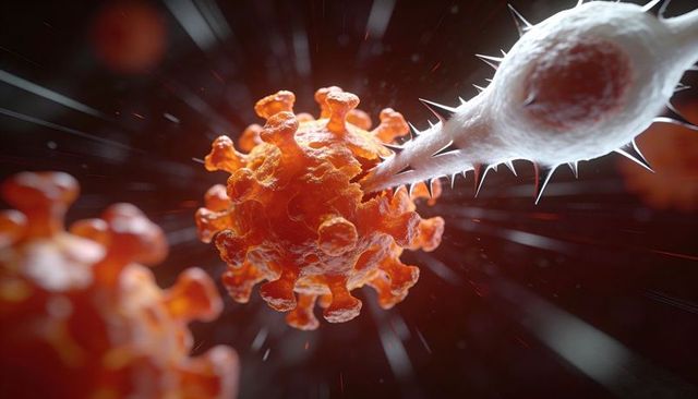 Nanoprobe piercing coronavirus-like particle with spike proteins dynamic closeup render