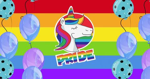 Pride Themed Unicorn on Rainbow Background with Balloons