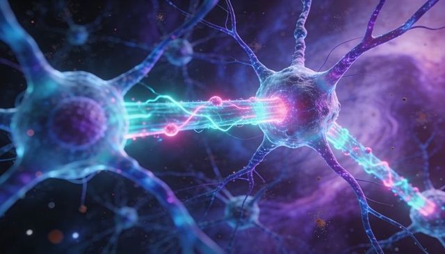 Neon Synapse Transmission Between Paired Neurons Showing Glowing Cyan and Magenta Signals