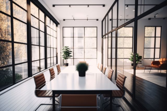 Modern conference room with large windows letting in natural light is ideal for corporate settings and business meetings. The minimalist design with indoor plants and sleek furniture creates an inviting atmosphere, perfect for professional presentations.