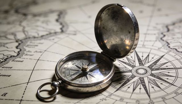 Glinting antique pocket compass resting on vintage nautical chart with compass rose detail