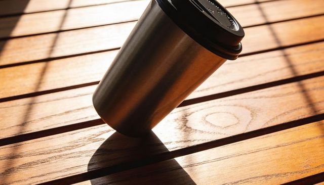 Tilted stainless steel travel mug casting long shadow on sunlit wooden plank table