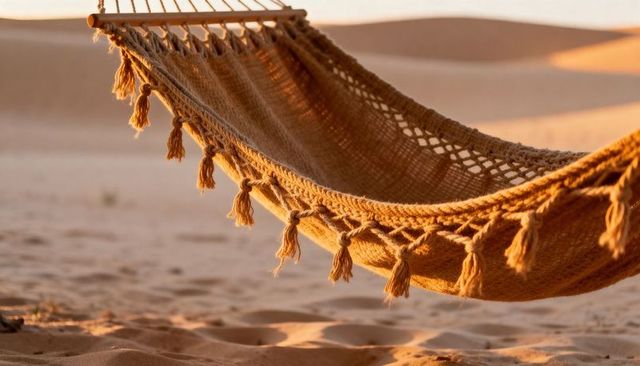 Sunlit handmade macrame hammock with knotted tassels and wooden spreader bar over desert sand dunes
