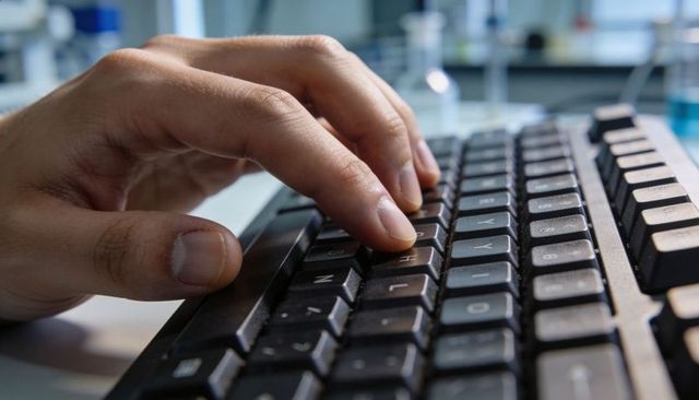 Typing Left Hand Pressing Keys on Black QWERTY Keyboard Closeup for Workstation
