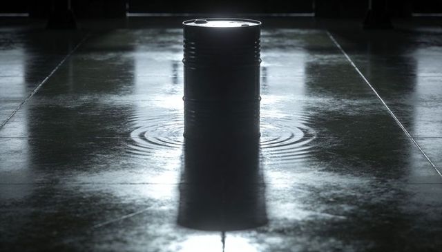 Backlit Metal Drum Casting Long Shadow on Wet Industrial Floor with Rippling Puddle