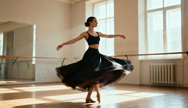 Graceful ballerina spinning on pointe in sunlit studio wearing black top and flowing skirt