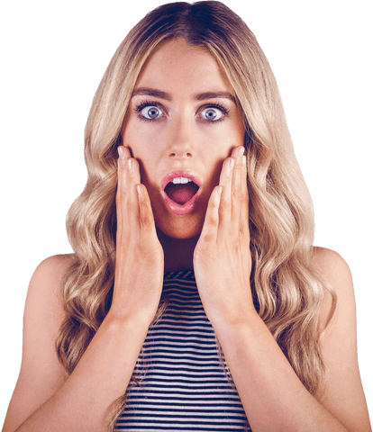 Surprised woman with long hair on transparent background