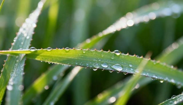 Morning dew on serrated grass blade macro with sparkling water droplets and bokeh