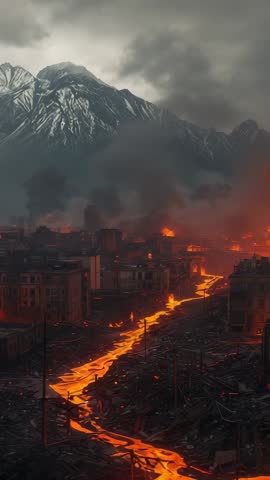Vertical video: Erupting volcano sending fiery lava river through ruined mountain town