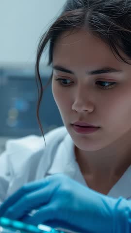 Vertical lab video: young scientist performing precise assay while pipetting samples into test tubes
