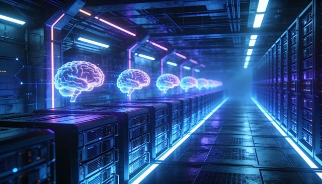 Holographic brains hovering above server racks in neon data center corridor showcasing ai