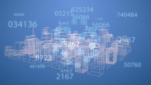 Digital Data Projections Over Cityscape Background