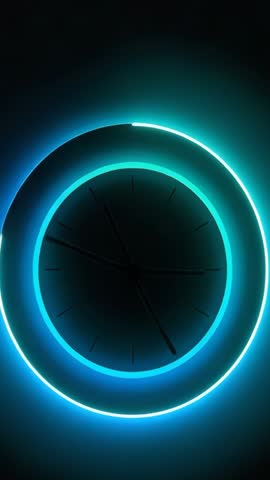 Vertical video showing LED clock with cyan segment rotating clockwise in modern lounge