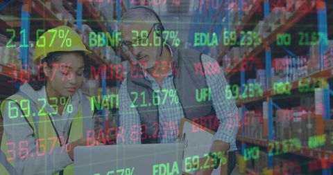 Warehouse operations with financial data overlay and global business concept