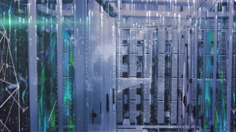 Futuristic Data Center with Digital Overlay Effects