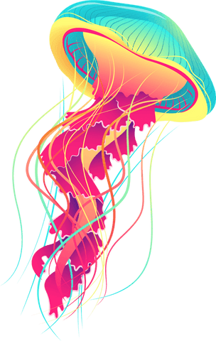 Floating stylized jellyfish with neon tentacles on transparent background