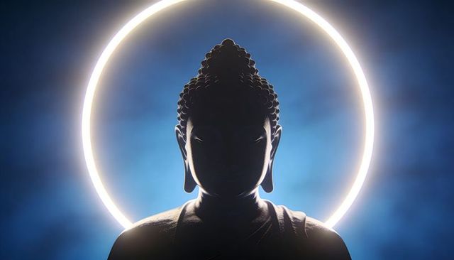 Buddha silhouette glowing halo ring backlit ushnisha earlobe meditative spiritual concept