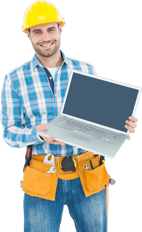 Smiling Construction Worker Holding Laptop on Transparent Background - Download Free Stock Videos Pikwizard.com