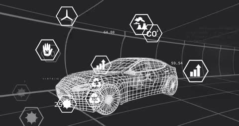 Digital Wireframe Car with Tech Data Visualizations
