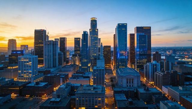 Downtown skyline glowing at dusk featuring cylindrical crown tower and lit glass highrises