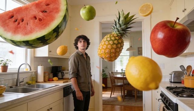 Young man standing and gazing in kitchen with floating fruits surreal levitation