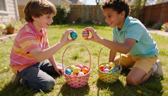 Kneeling boys exchanging painted easter eggs on sunlit backyard lawn with colorful baskets
