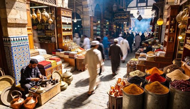 Bustling cairo bazaar with spices, copperware, textiles and shoppers in sunlit souk