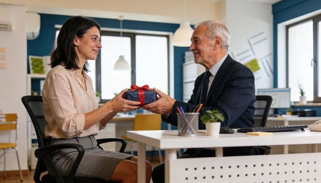 Senior executive presenting gift to female colleague in modern office